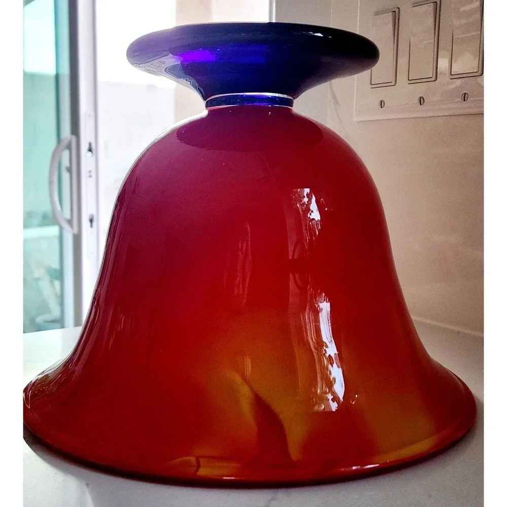 Red Orange Fire Blown Glass Bowl Vase Cobalt Blue Pedestal Base